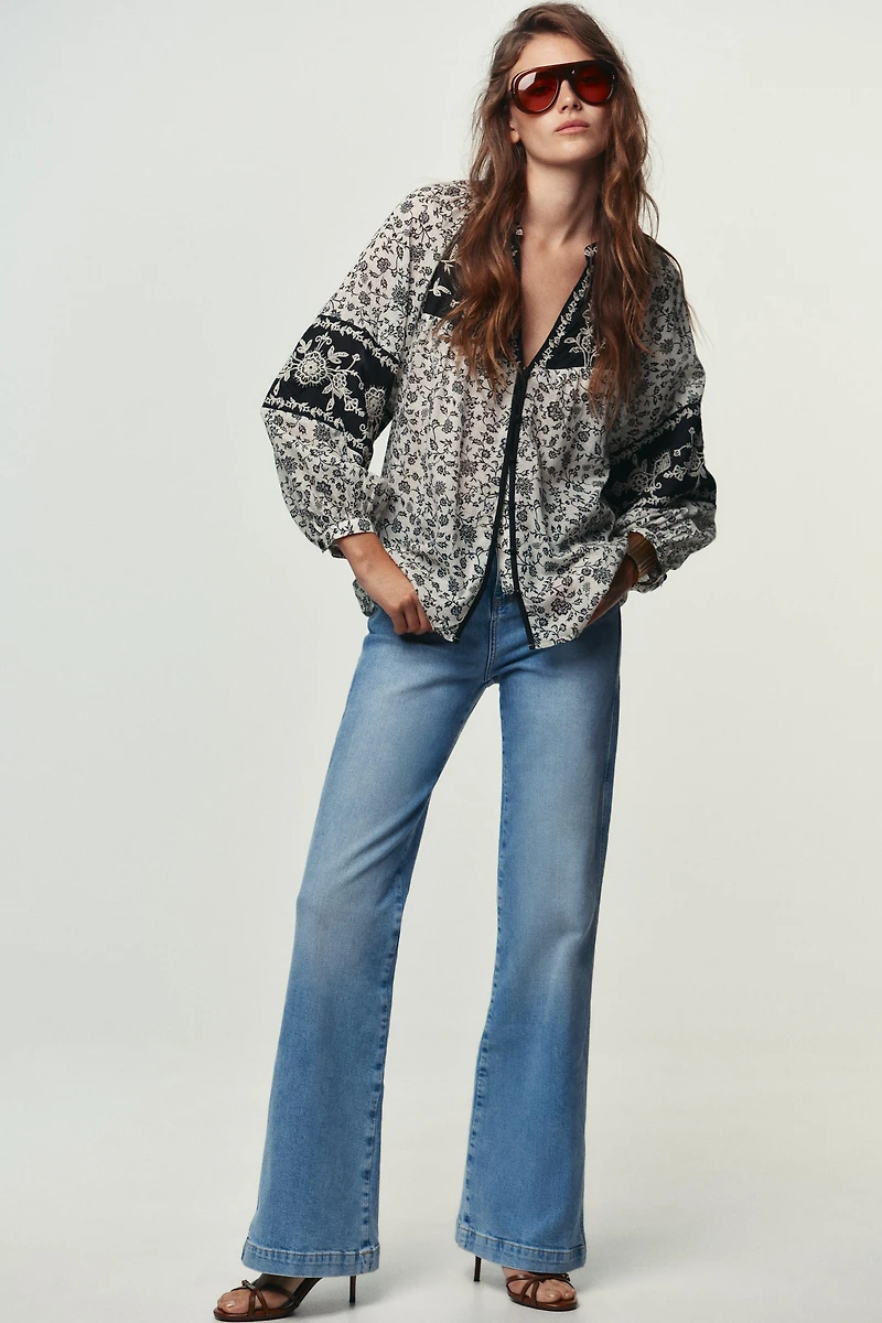 FLORAL PRINT BEADED EMBROIDERY BLOUSE