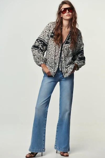 FLORAL PRINT BEADED EMBROIDERY BLOUSE