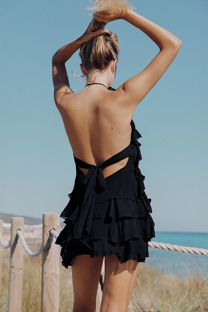 RUFFLED HALTER MINI DRESS