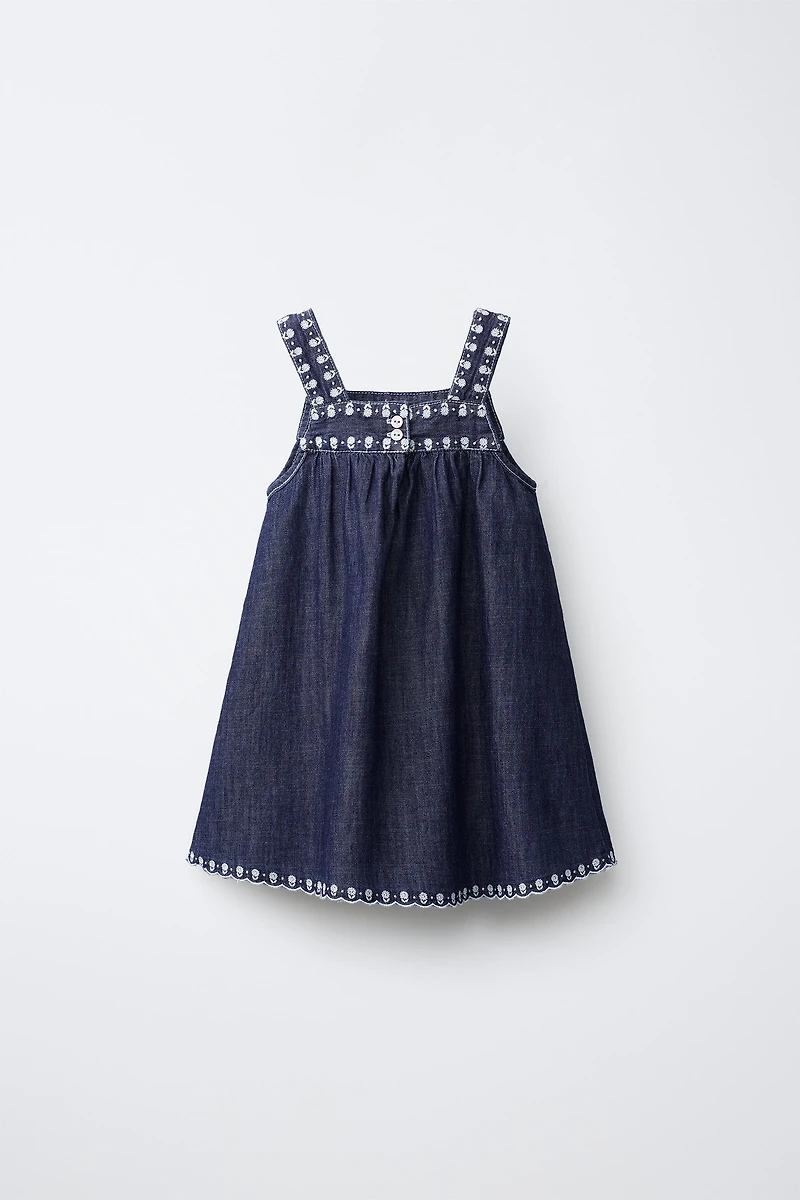 FLUID EMBROIDERED FLORAL DENIM DRESS