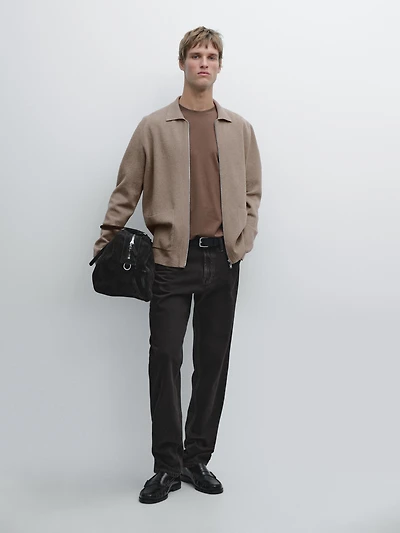 Zip-up knit cotton and wool blend cardigan with pockets