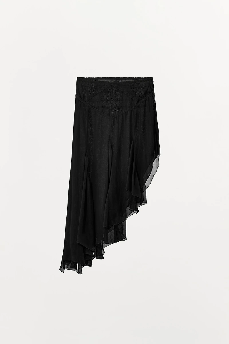 ASYMMETRIC EMBROIDERED GAUZE SKIRT