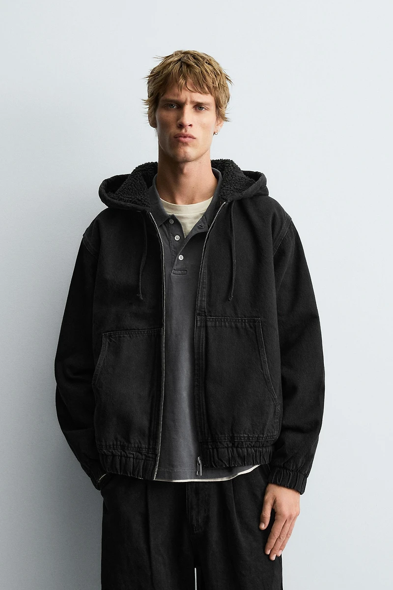 FLEECE LINED DENIM JACKET WITH HOODIE