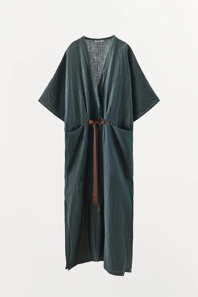 CONTRAST TIED LINEN DRESS