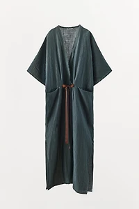 CONTRAST TIED LINEN DRESS