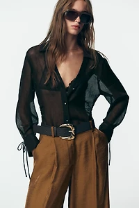 SATIN WIDE LEG BELTED PANTS