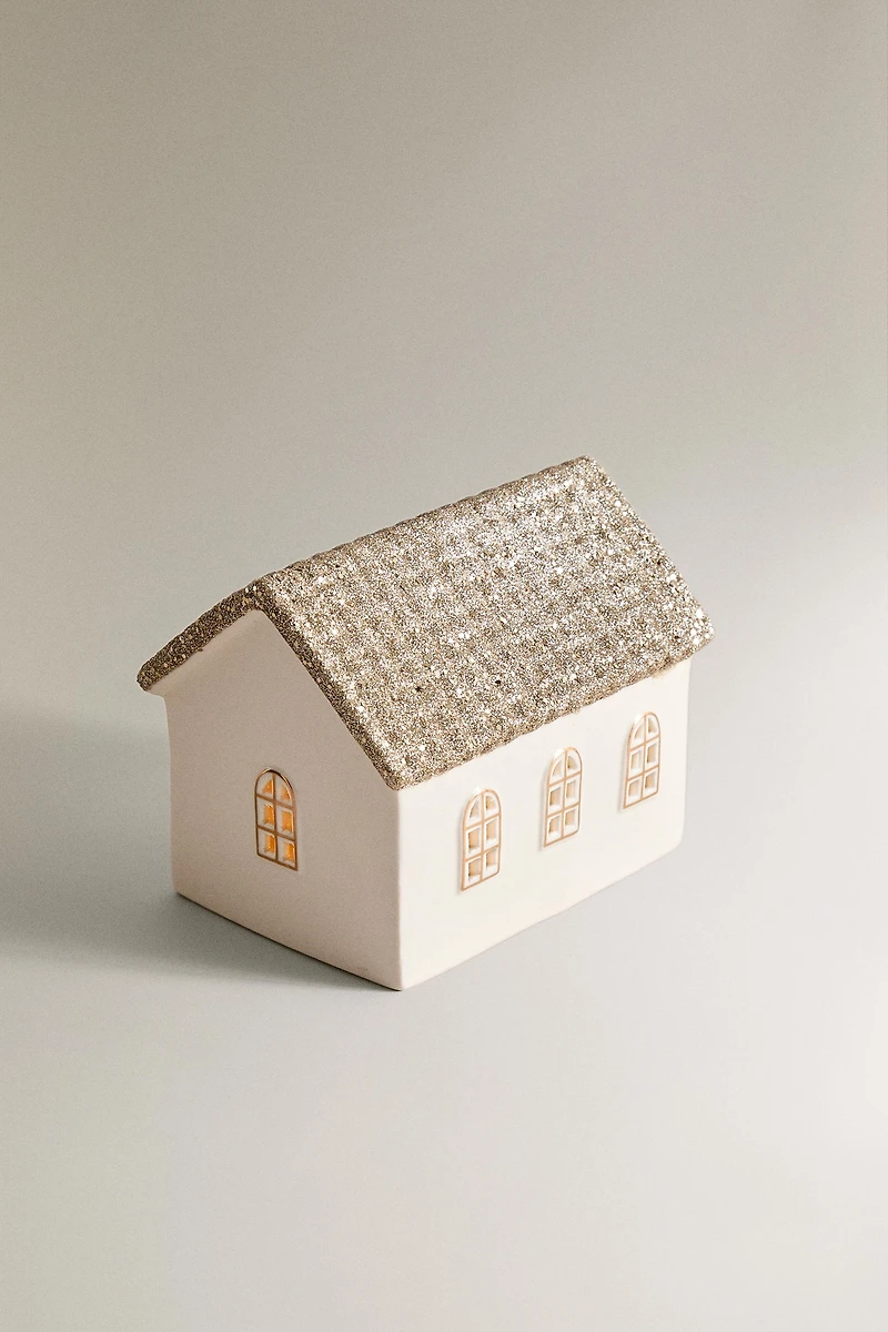 ELONGATED GLITTERY HOUSE CHRISTMAS CERAMIC ORNAMENT