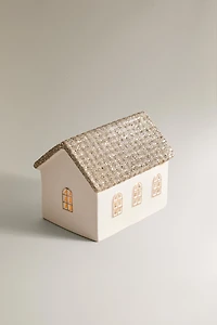 ELONGATED GLITTERY HOUSE CHRISTMAS CERAMIC ORNAMENT