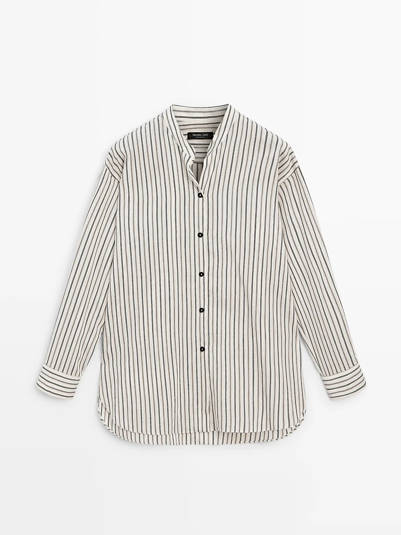 Striped flowing shirt with stand collar
