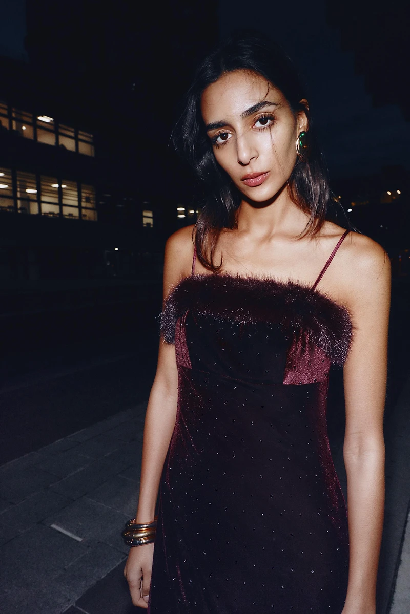 VELVET BEADED FAUX FUR MIDI DRESS