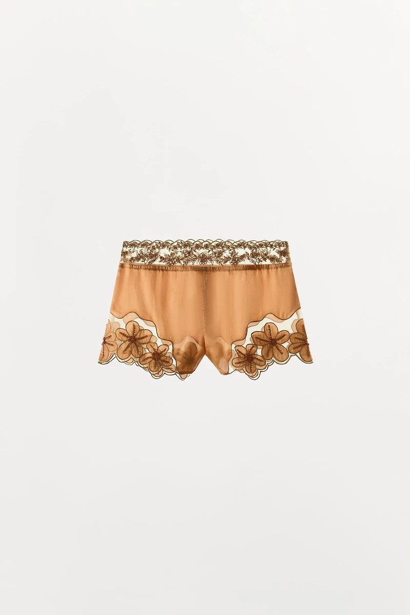 BEADED FLORAL EMBROIDERED SHORTS