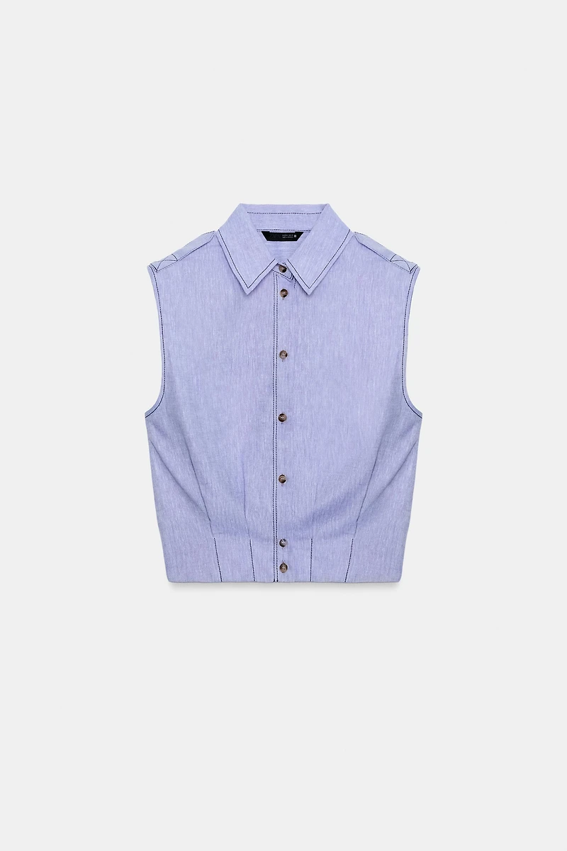 LINEN TOP WITH TOPSTITCHING