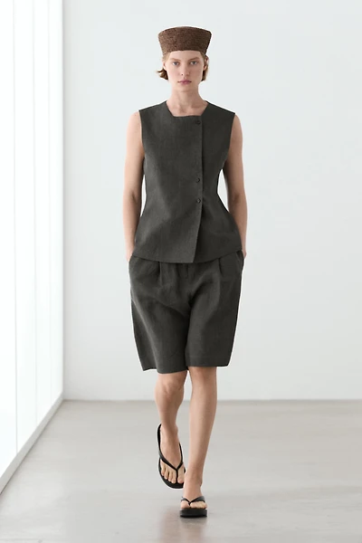 Long melange linen Bermuda shorts with buckle detail
