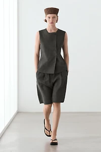 Long melange linen Bermuda shorts with buckle detail