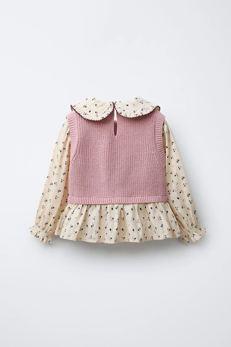 FLORAL PRINT SHIRT WITH KNIT VEST