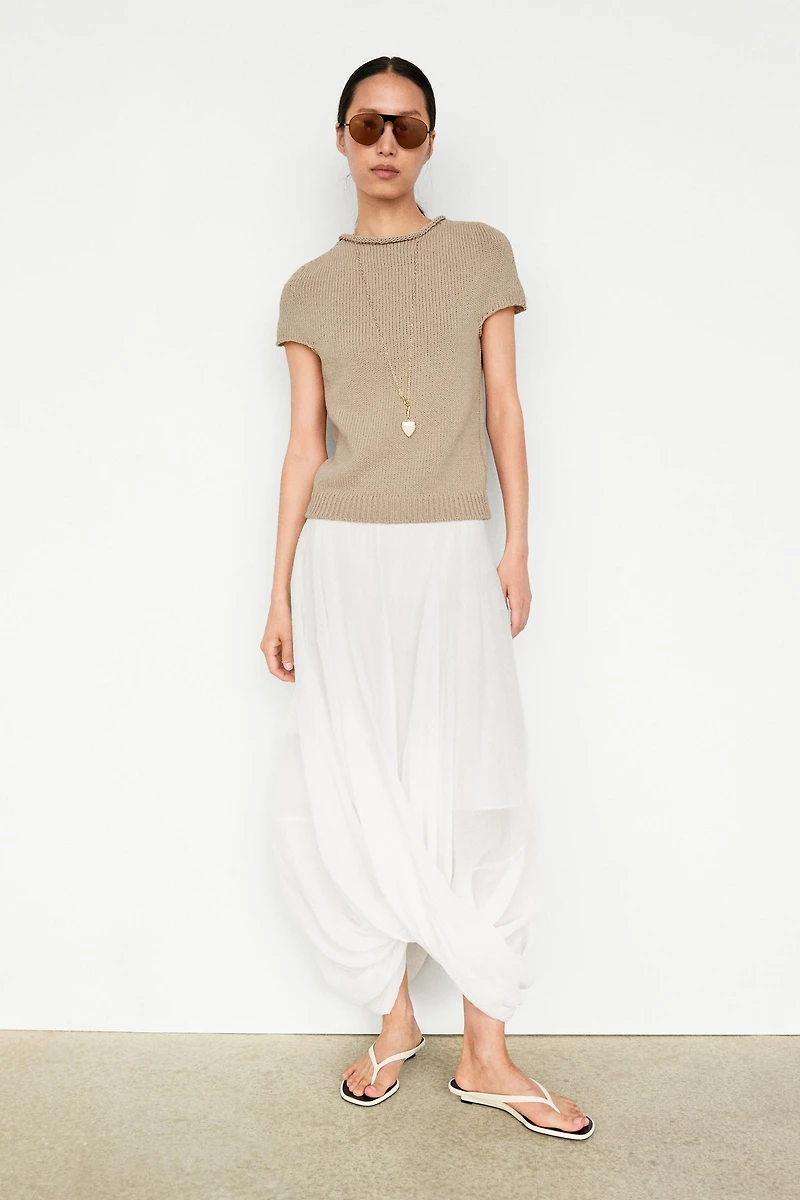 Cotton blend short sleeve rolled-neck sweater