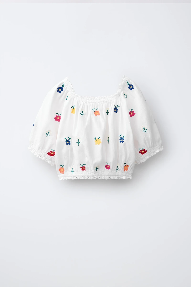 EMBROIDERED FLORAL PUFF SLEEVE BLOUSE