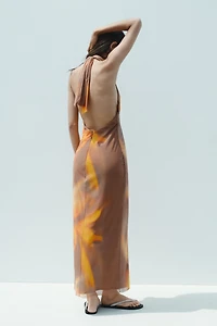 PRINTED TULLE MIDI HALTER DRESS