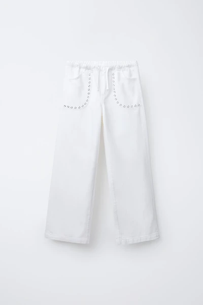 STUDDED FLOWY WIDE LEG JEANS
