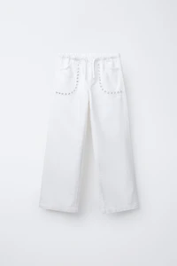 STUDDED FLOWY WIDE LEG JEANS