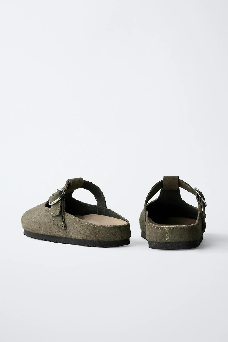 SPLIT LEATHER T-STRAP CLOGS