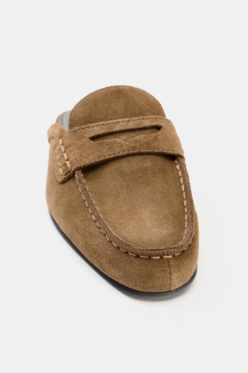 OPEN BACK SPLIT SUEDE LOAFERS
