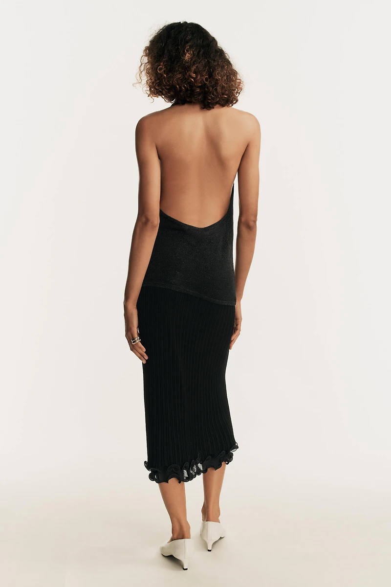 METALLIC THREAD HALTER KNIT TOP
