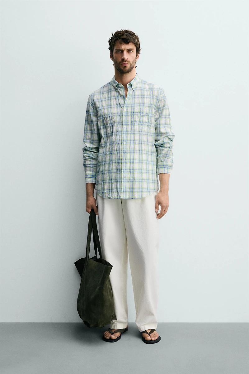 REGULAR FIT WRINKLE EFFECT PLAID SHIRT