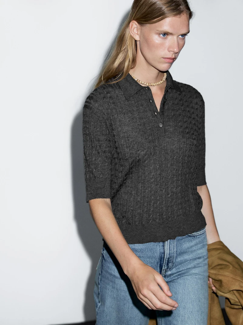 Wool blend cable-knit polo shirt