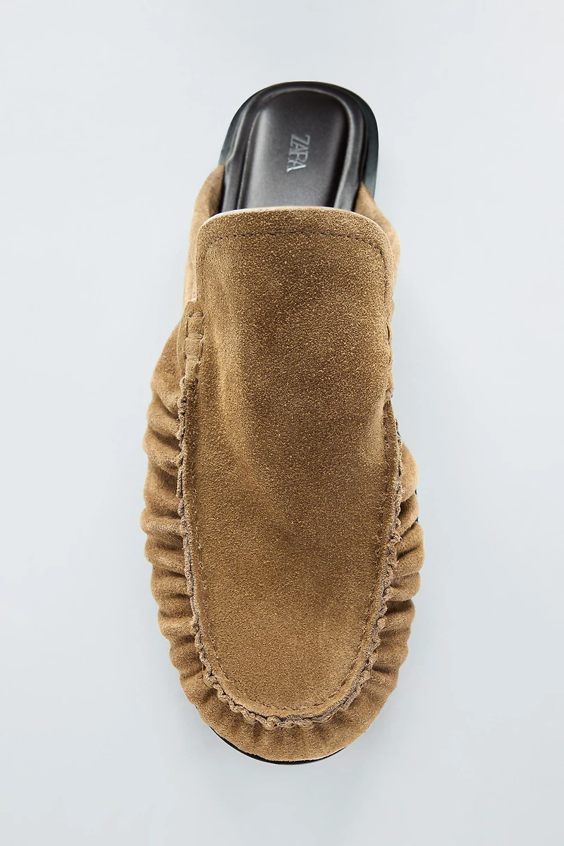 SPLIT LEATHER OPEN BACK LOAFERS