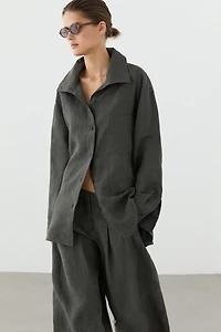 Melange linen overshirt with buckles