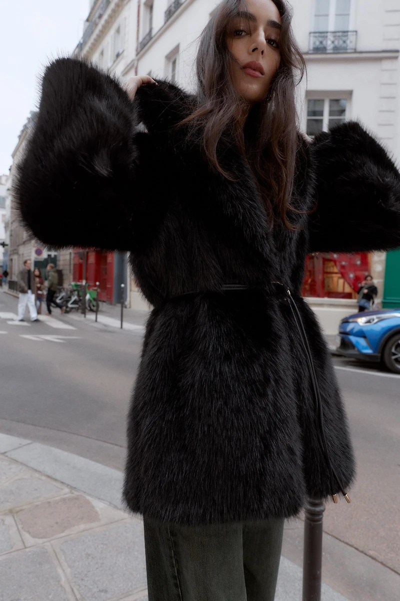 FAUX FUR COAT WITH BELT