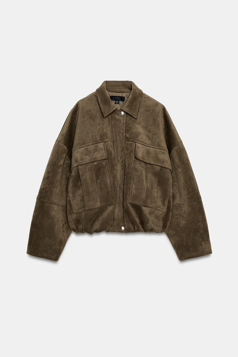 OVERSIZED FAUX SUEDE HOODED BOMBER JACKET