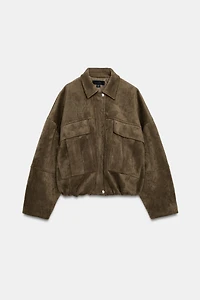 OVERSIZED FAUX SUEDE HOODED BOMBER JACKET