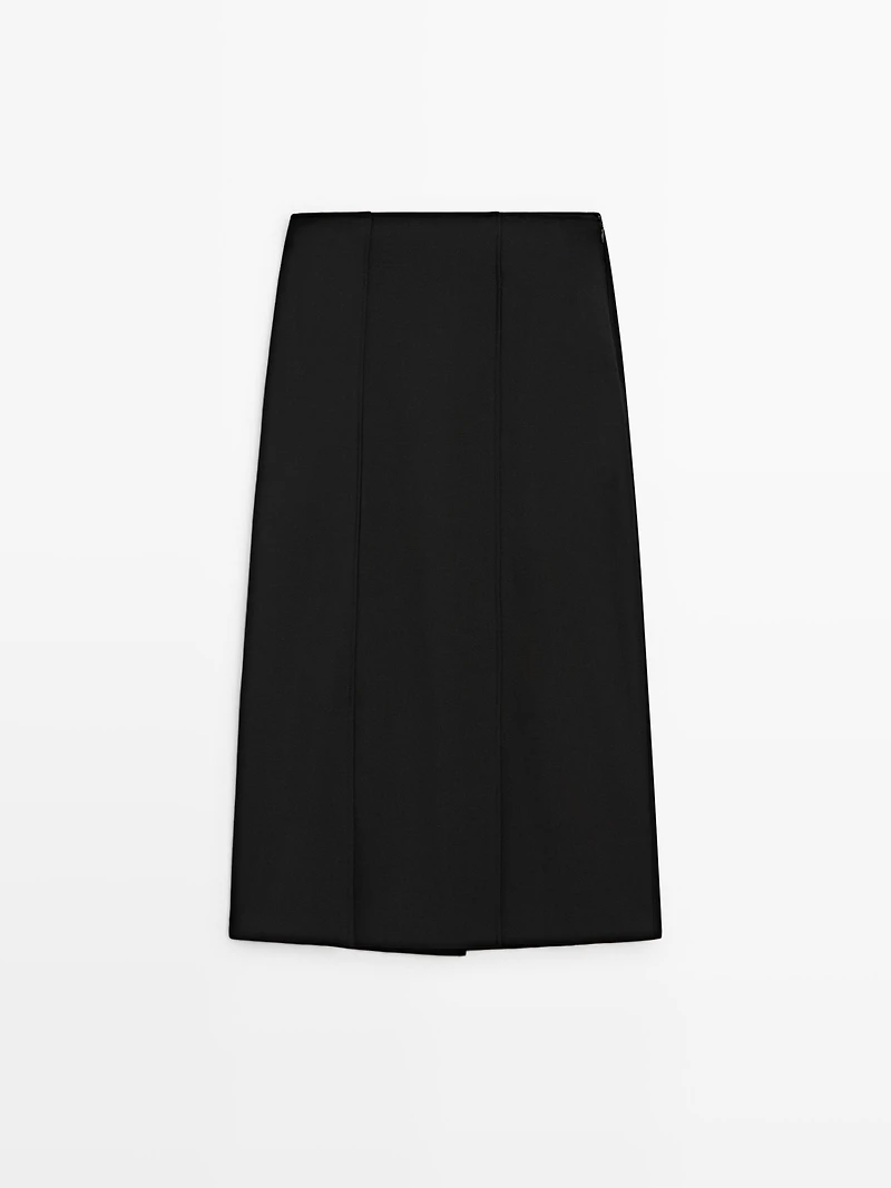 Straight fit wool blend midi skirt with slit