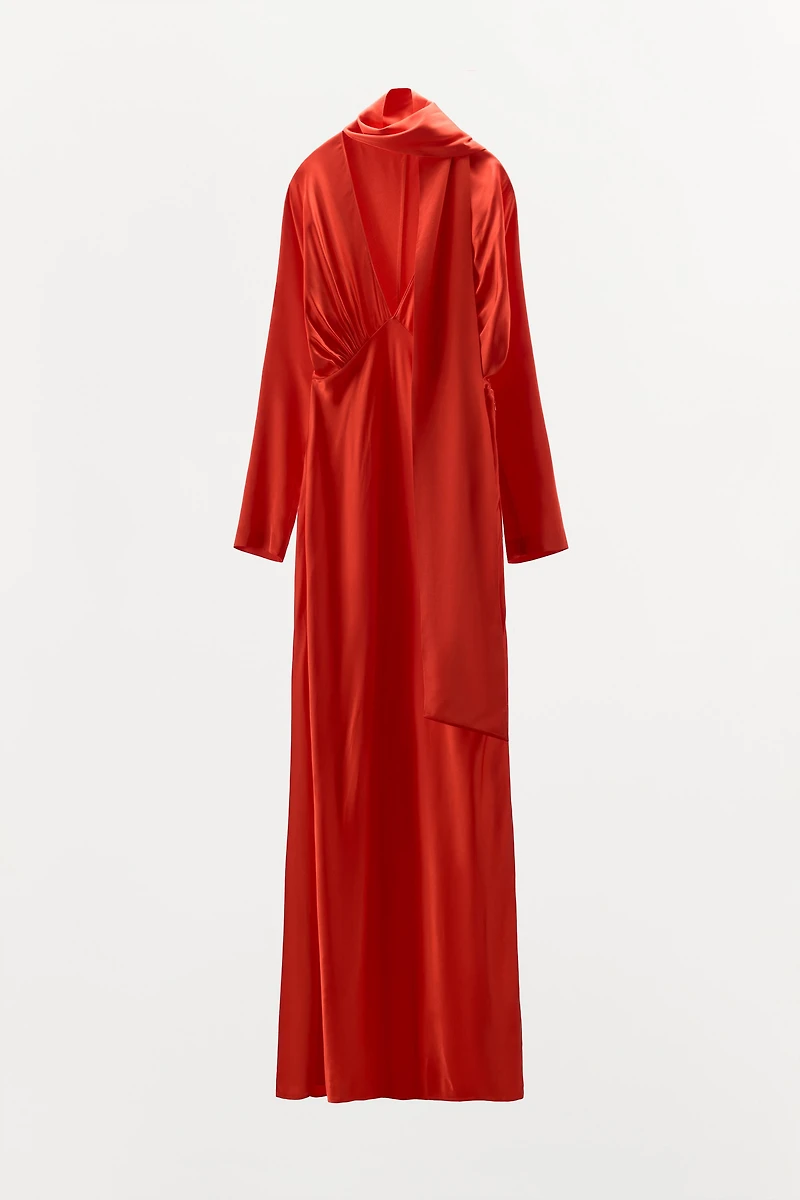 BATWING SLEEVE SCARF SATIN EFFECT DRESS