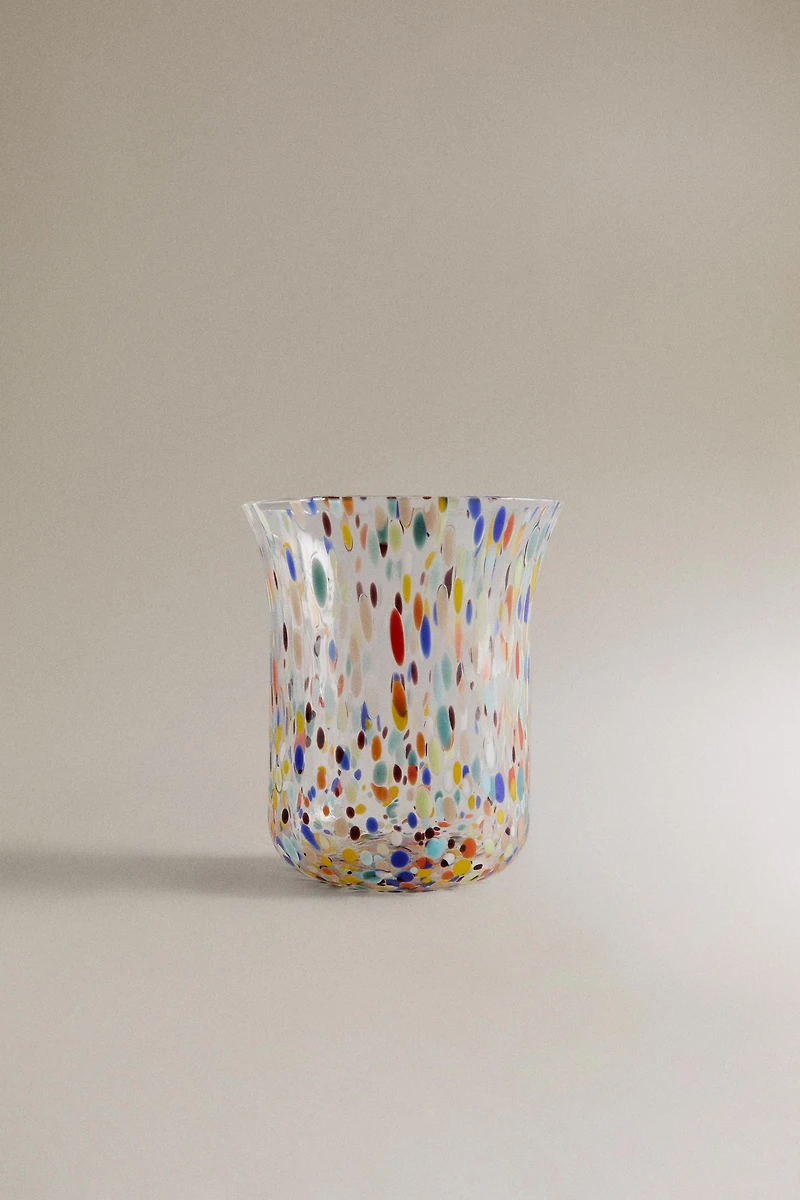 BLOWN GLASS TUMBLER WITH SPECKLED DESIGN