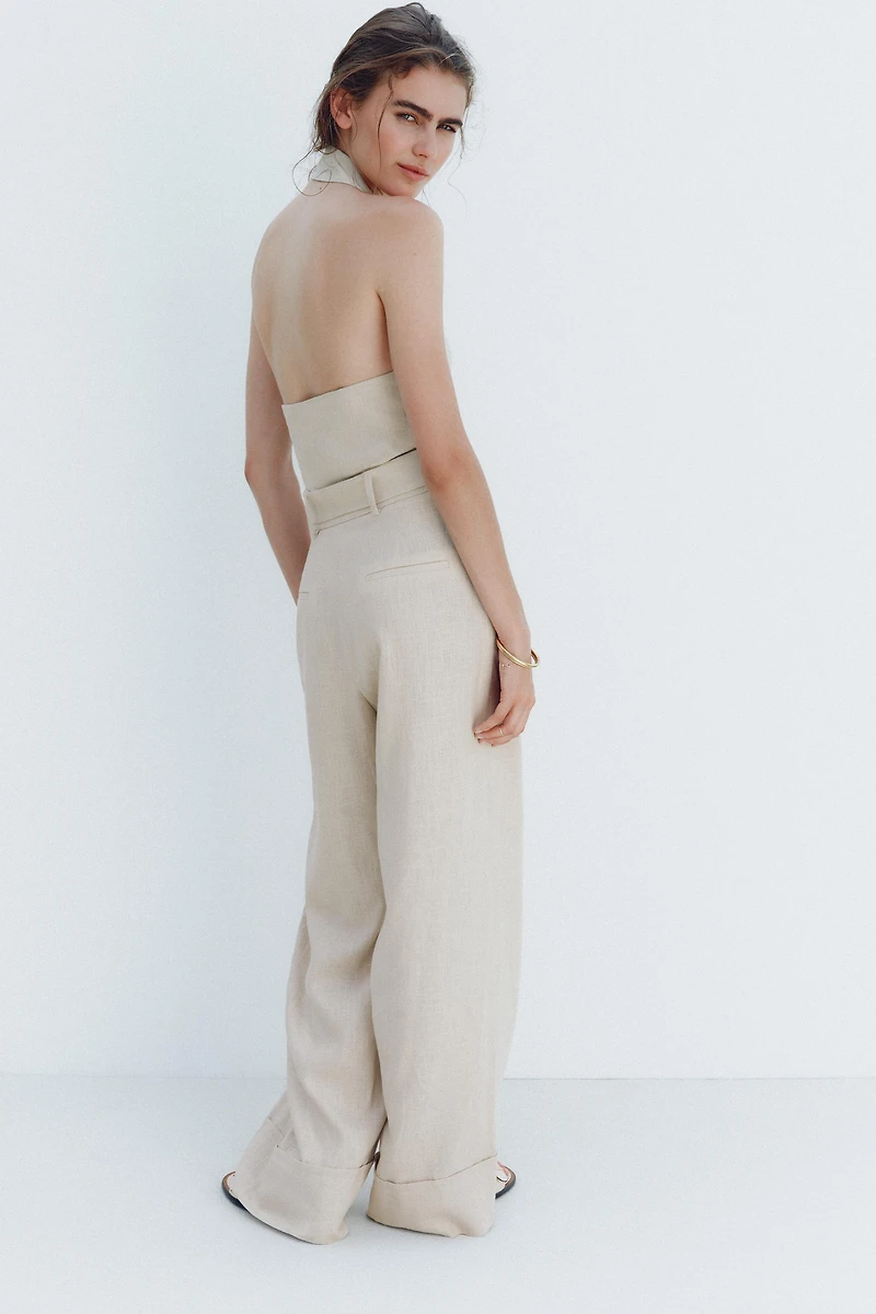 HALTER LINEN BELTED JUMPSUIT