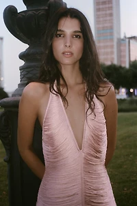 FRINGED HALTER MINI DRESS