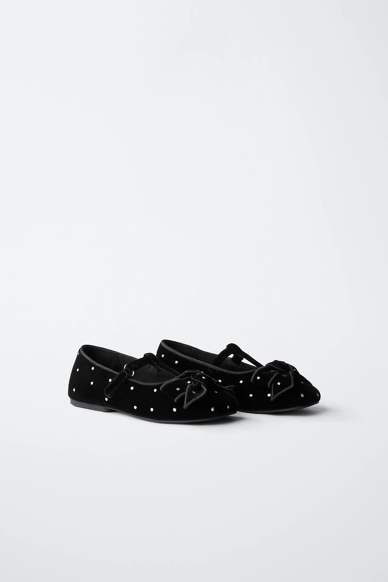 VELVET T-BAR BALLET FLATS WITH BOW