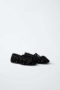 VELVET T-BAR BALLET FLATS WITH BOW