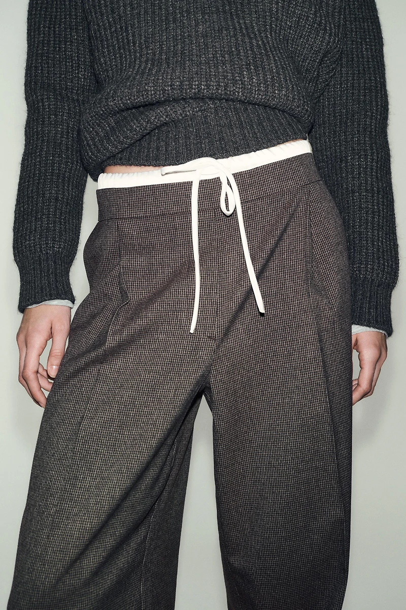 WIDE LEG DOUBLE WAISTBAND HOUNDSTOOTH PANTS