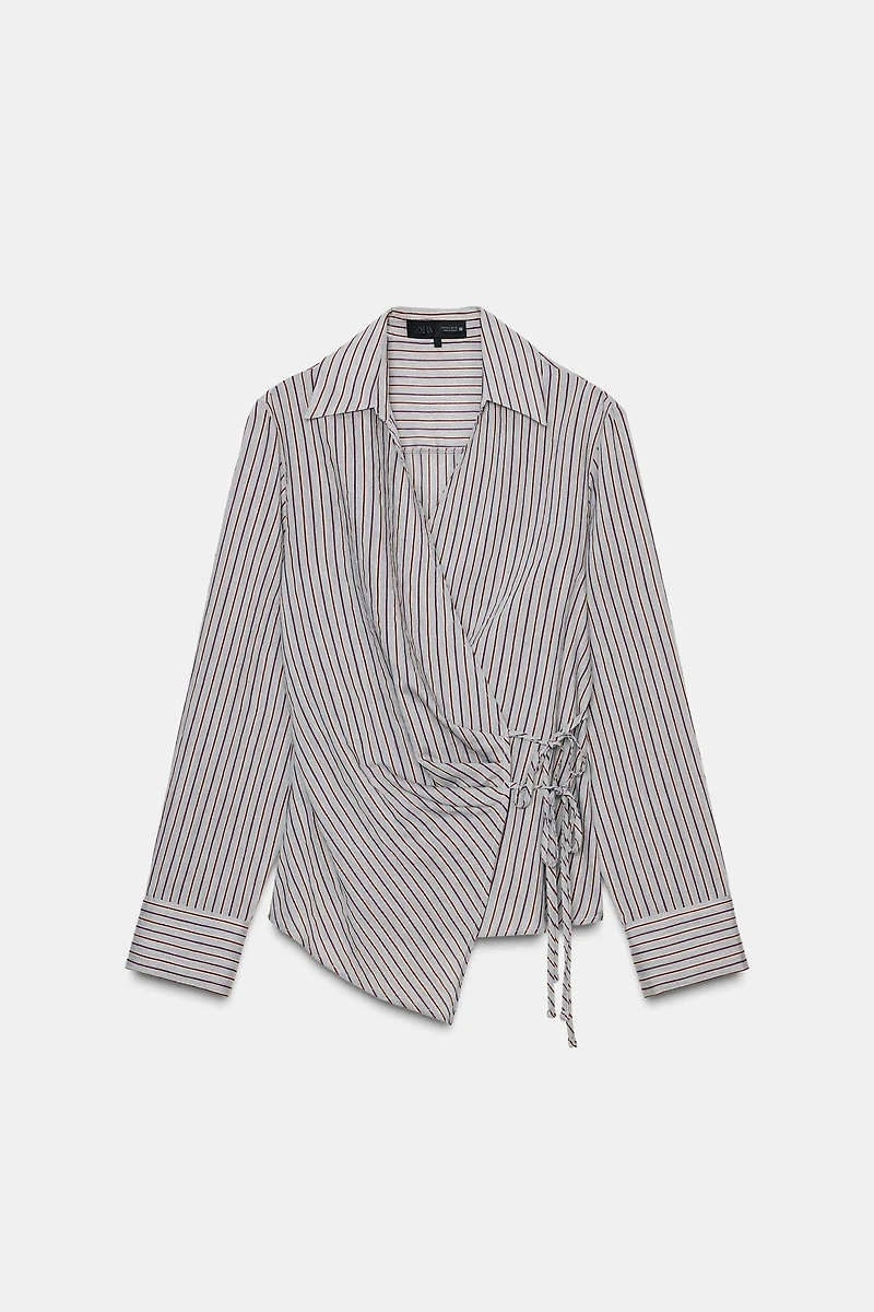 STRIPED WRAP SHIRT WITH BOW
