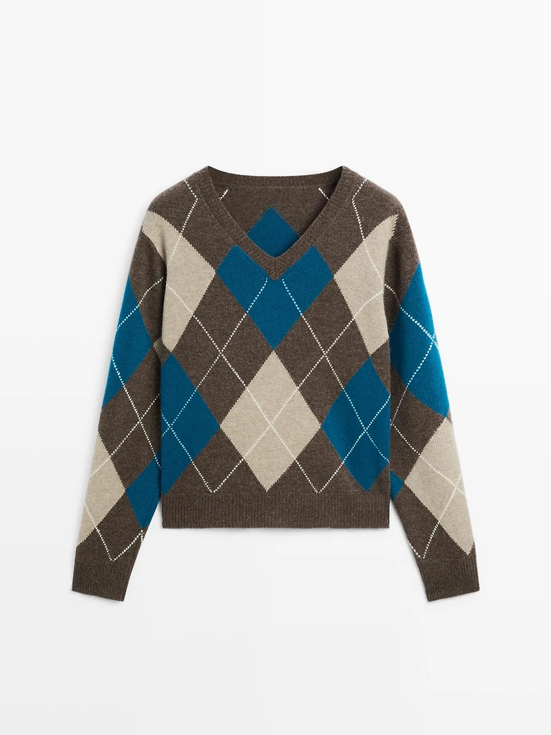 Wool blend argyle knit sweater