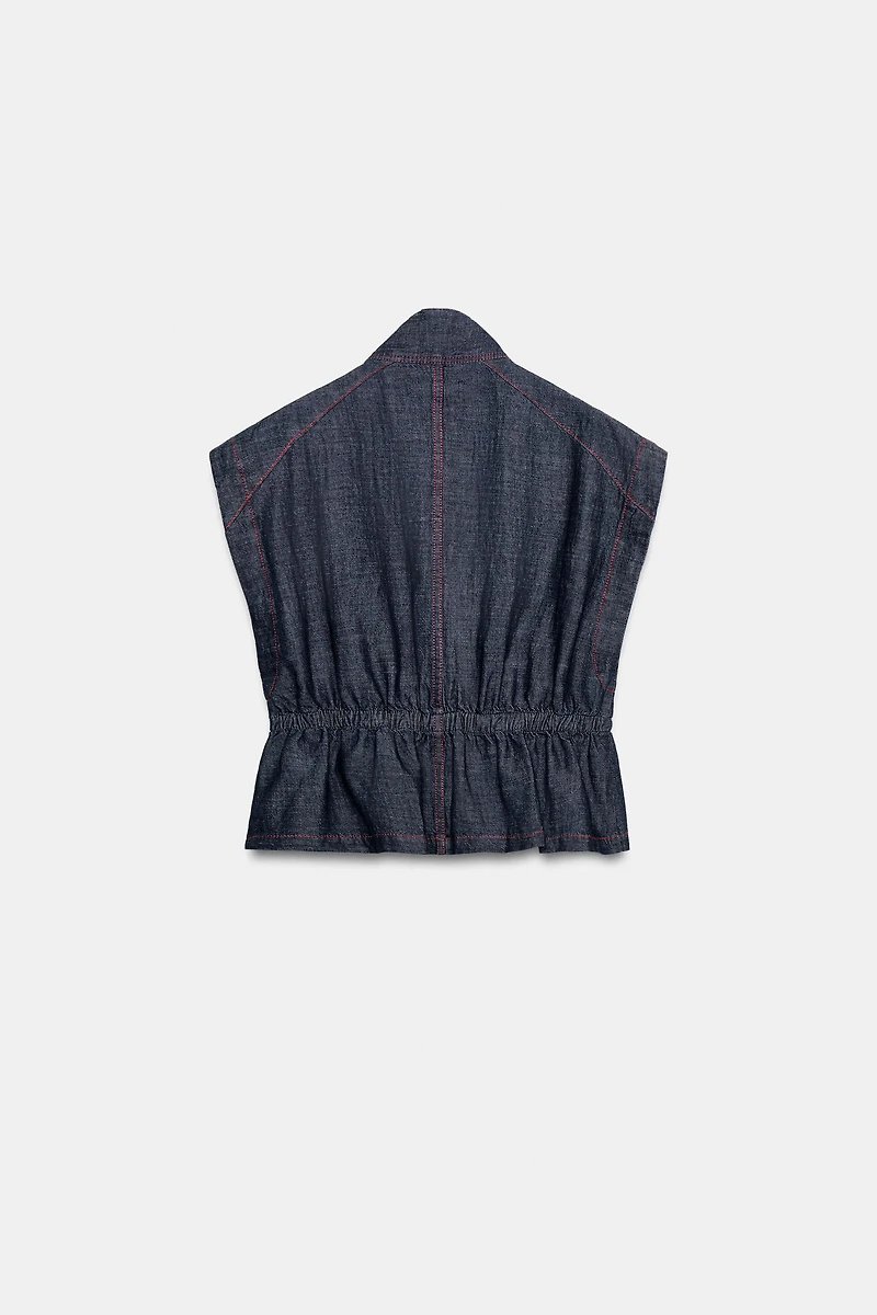 LINEN VEST WITH CONTRASTING TOPSTITCHING