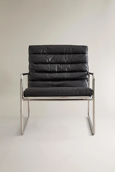 LEATHER AND STAINLESS STEEL ACCENT CHAIR