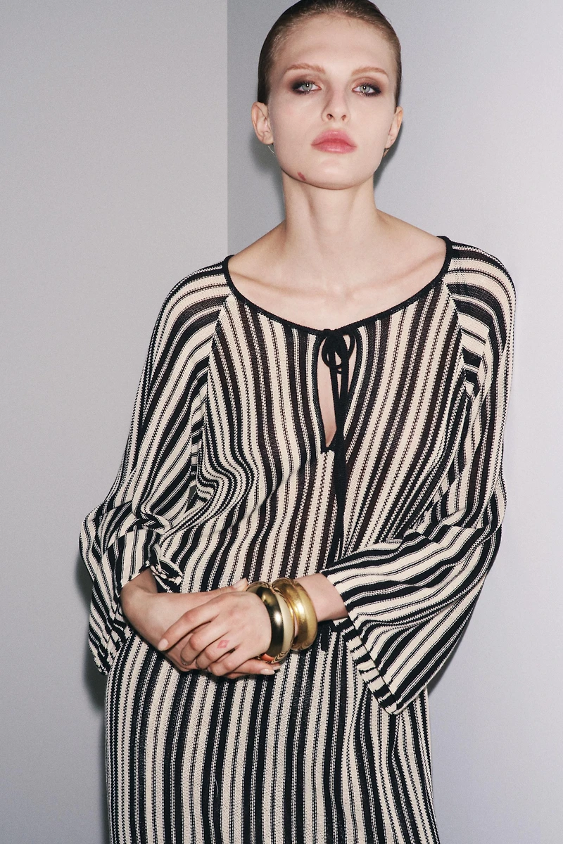 STRIPED KNIT DRESS WITH LINEN