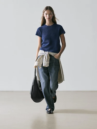 Short sleeve knit alpaca blend sweater