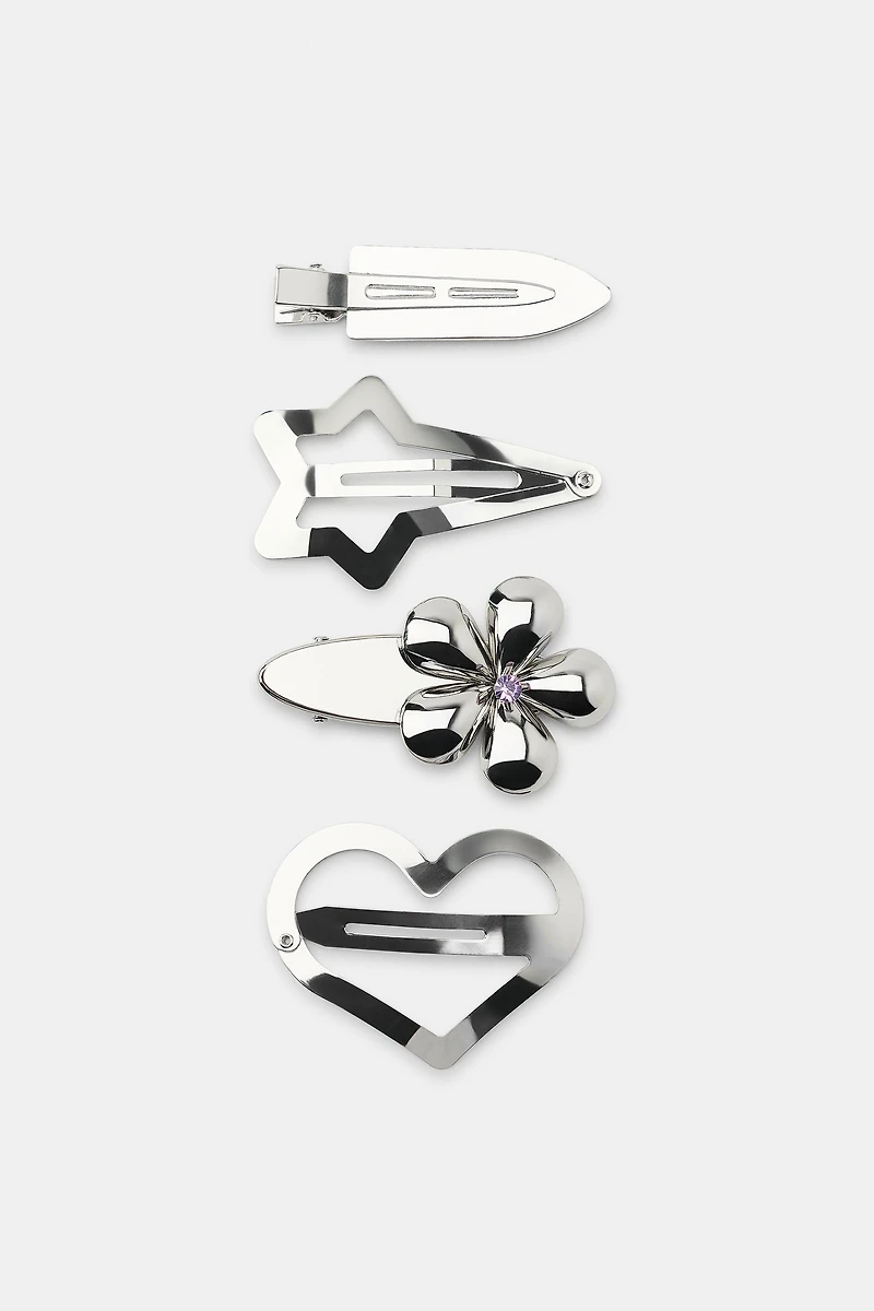 PACK OF 4 FLOWER AND HEART METAL HAIR CLIPS
