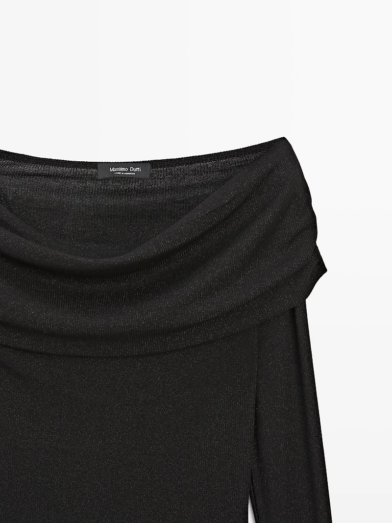 Long-sleeved ribbed T-shirt with metallic finish